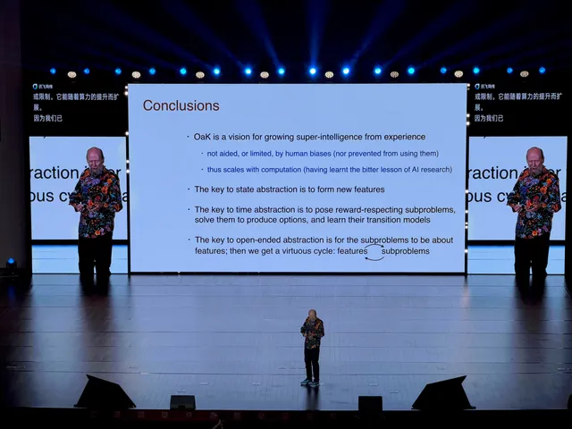 Sutton's "Conclusions" slide summarizing OaK as a vision for growing superintelligence from experience