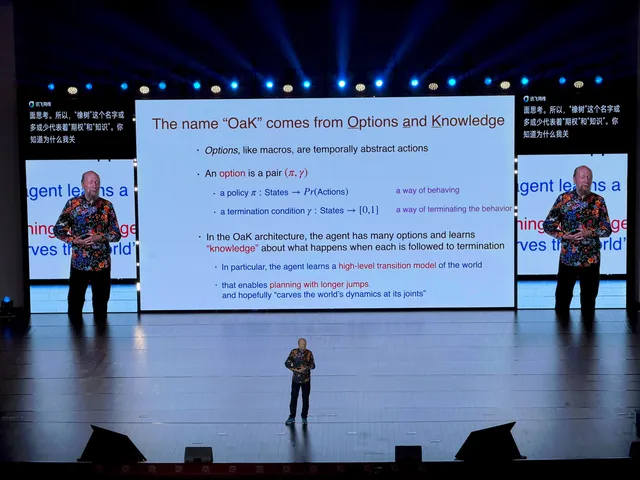 Sutton's slide explaining that "OaK" stands for Options and Knowledge, with options defined as temporally abstract actions
